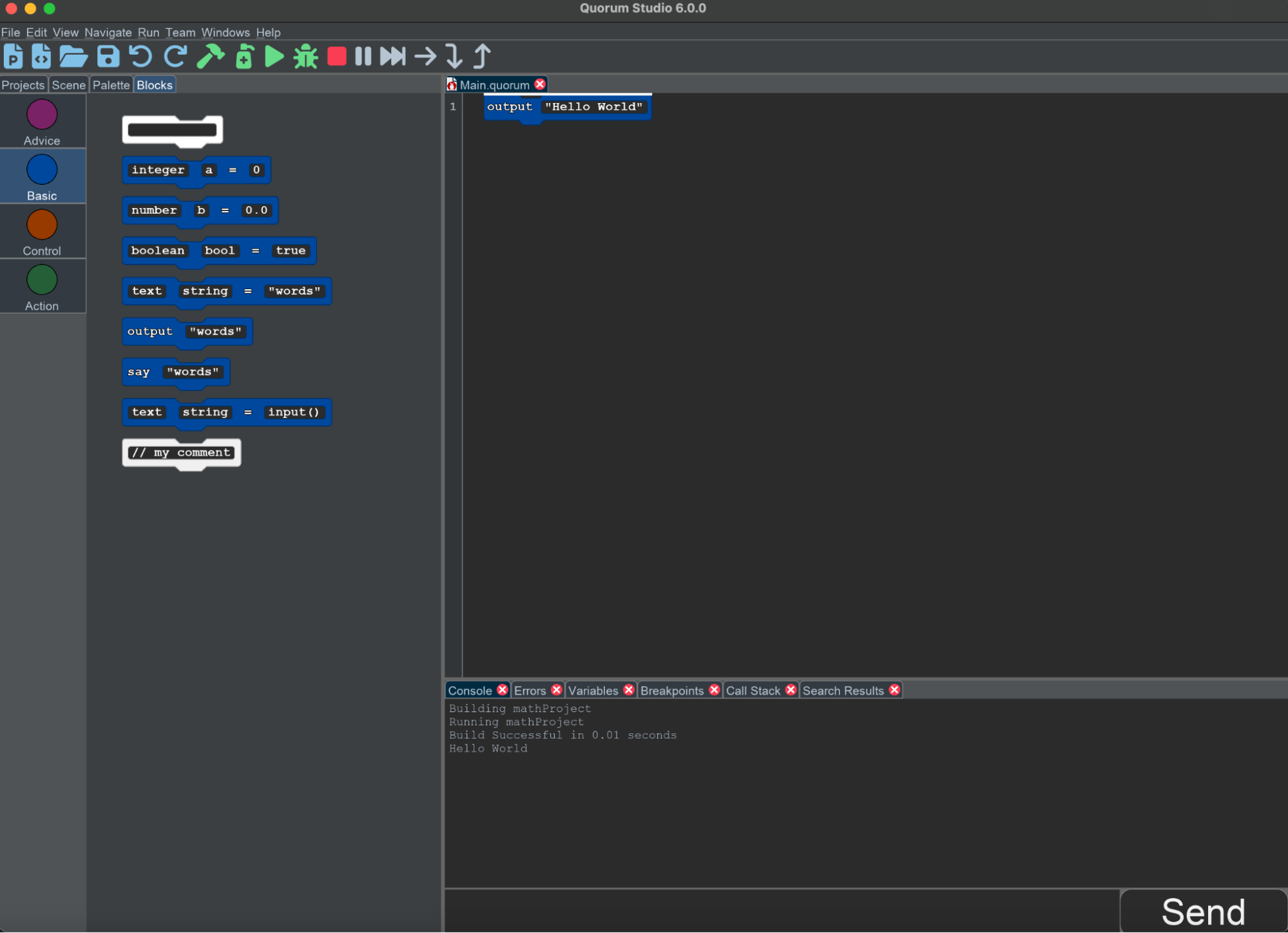 A picture of Quorum Studio in dark mode. The left pane shows the Blocks tab with the Basic options selected. The right side has a hello world style output statement.